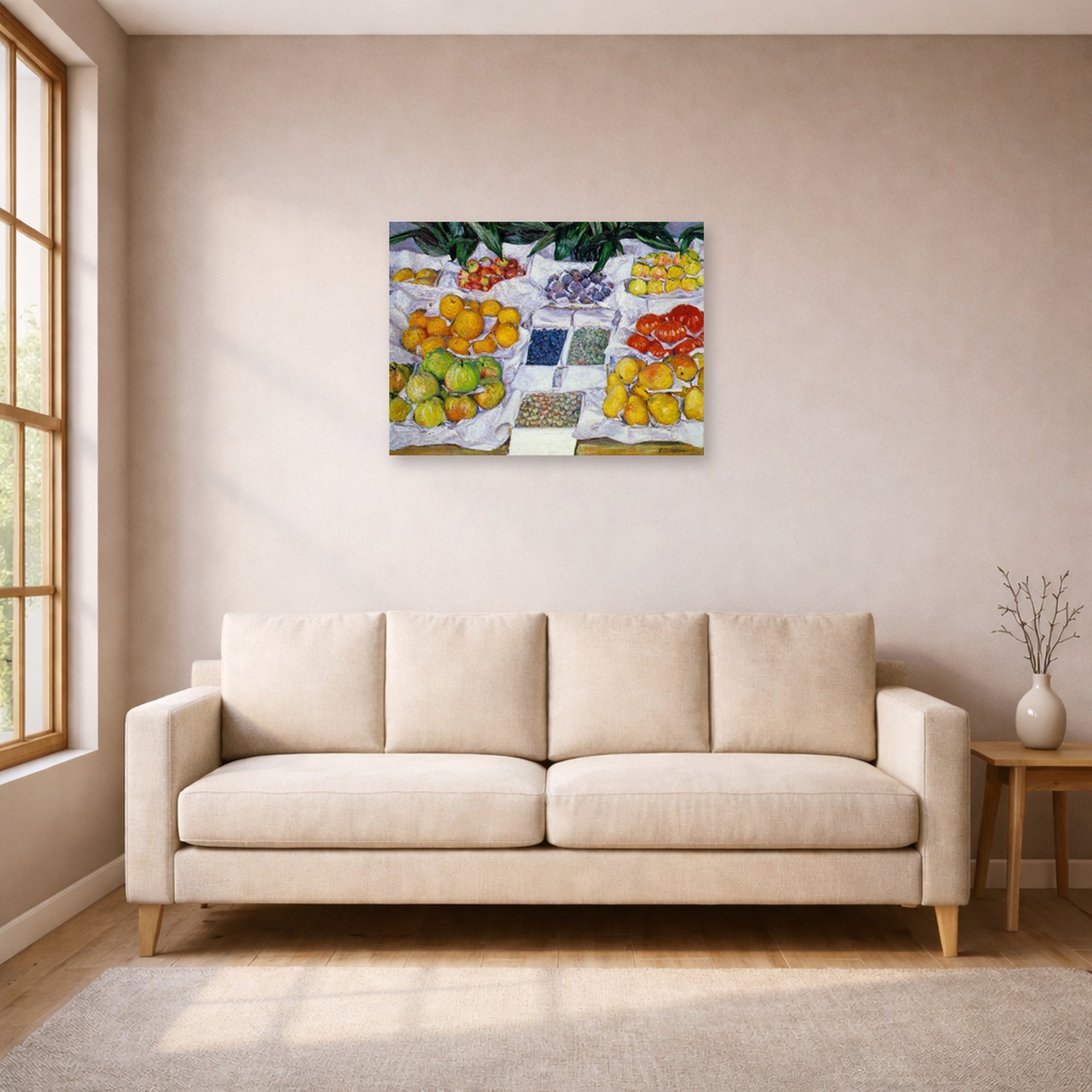Unframed poster print of Gustave Caillebotte's Fruits sur un étalage displayed on a wall in a living room