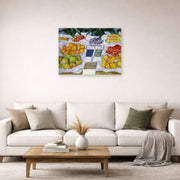 Unframed poster print of Gustave Caillebotte's Fruits sur un étalage displayed on a wall in a living room