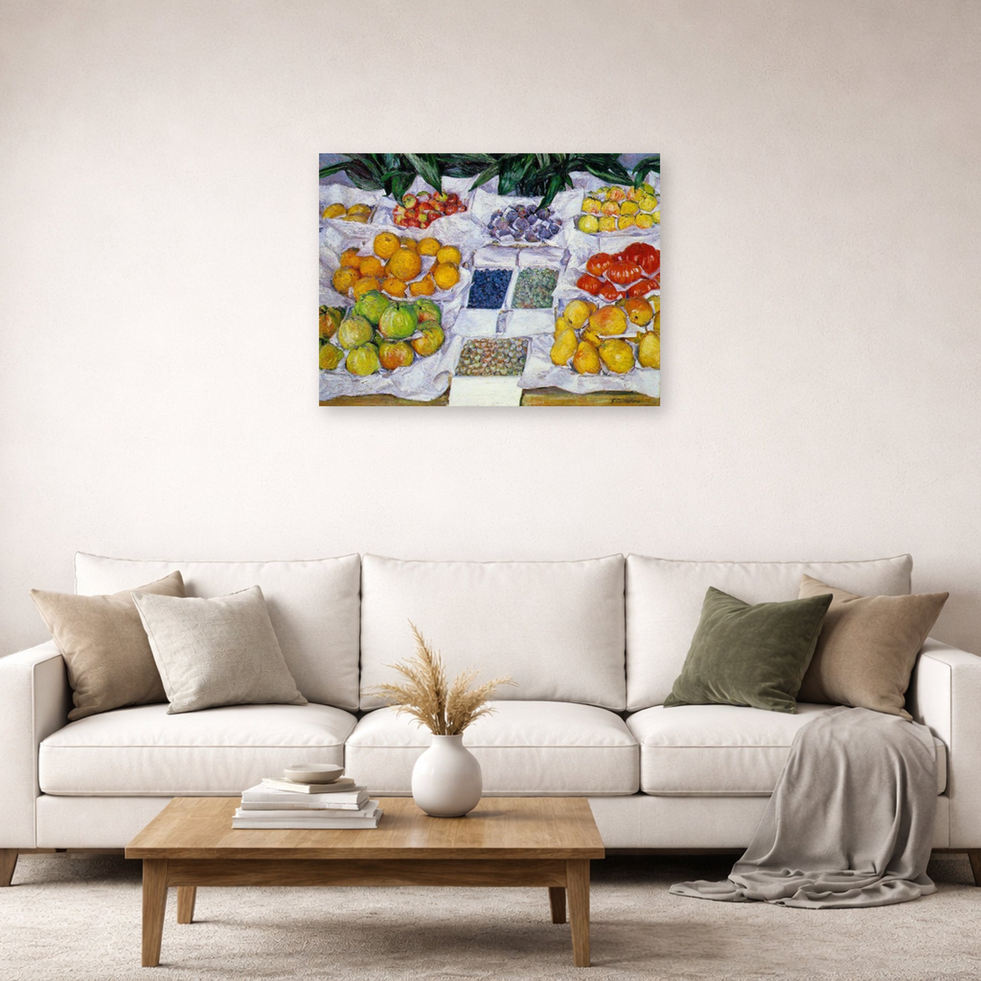 Unframed poster print of Gustave Caillebotte's Fruits sur un étalage displayed on a wall in a living room