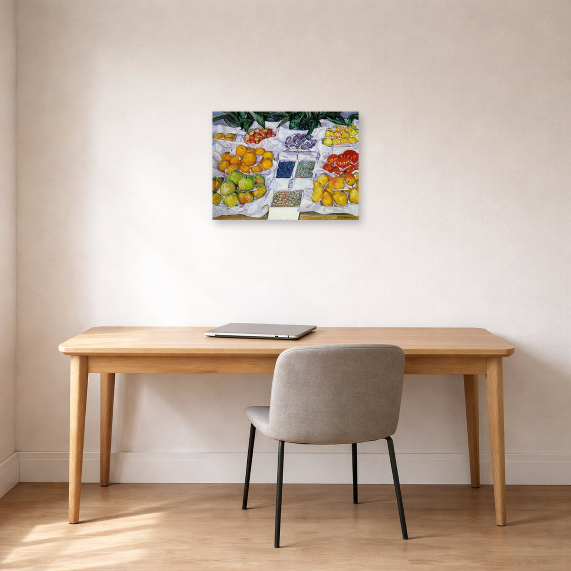 Unframed poster print of Gustave Caillebotte's Fruits sur un étalage displayed on a wall in a office