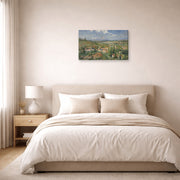 Gallery-wrapped canvas print of Gustave Caillebotte's L'Hermitage in Summer Pontoise displayed on a wall in a bedroom