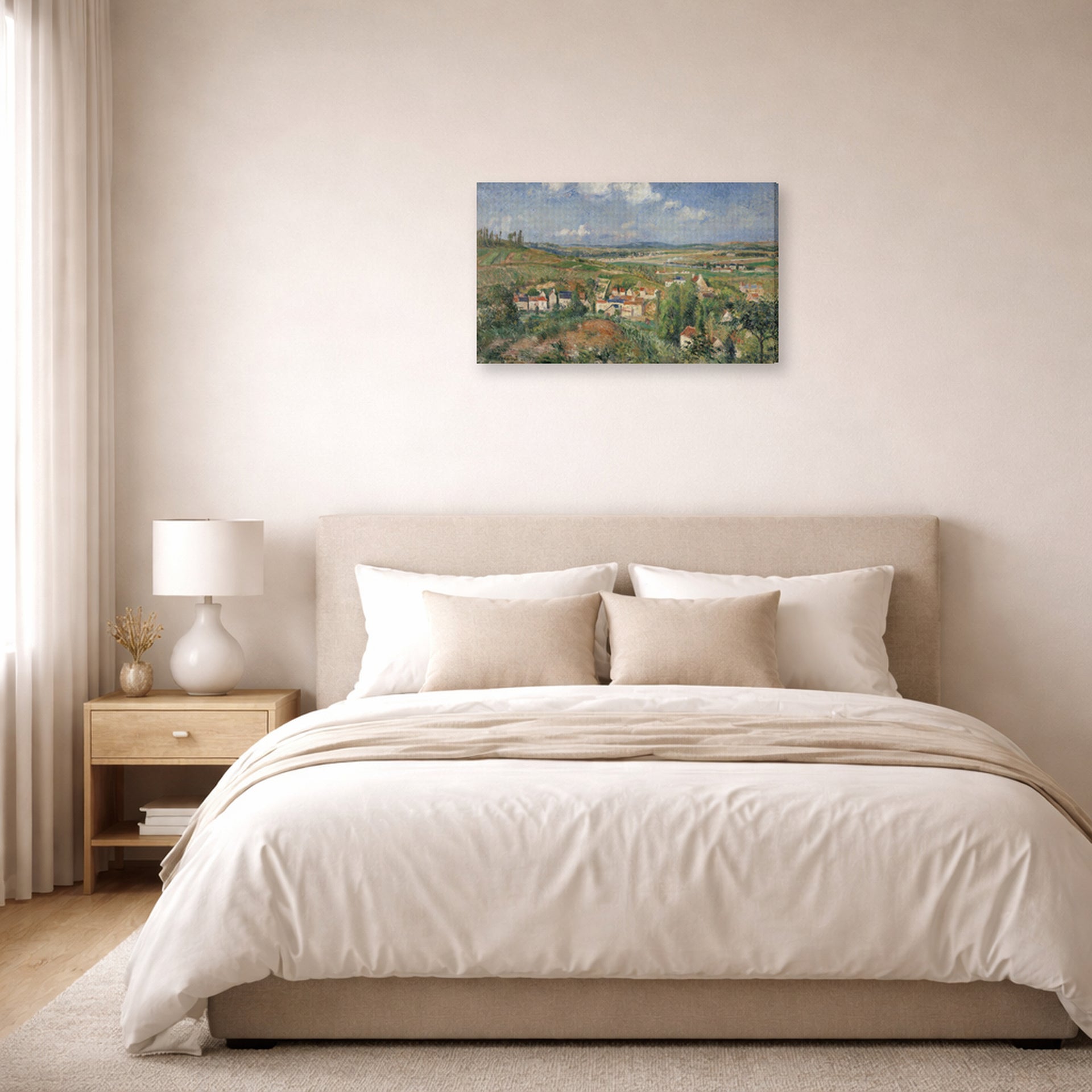 Gallery-wrapped canvas print of Gustave Caillebotte's L'Hermitage in Summer Pontoise displayed on a wall in a bedroom