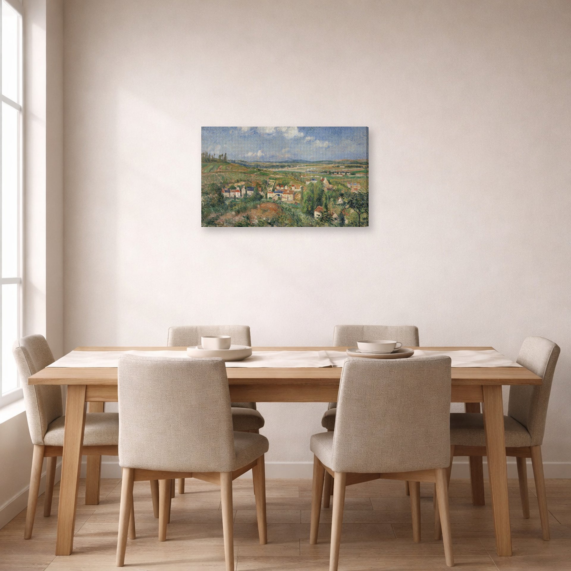 Gallery-wrapped canvas print of Gustave Caillebotte's L'Hermitage in Summer Pontoise displayed on a wall in a dining