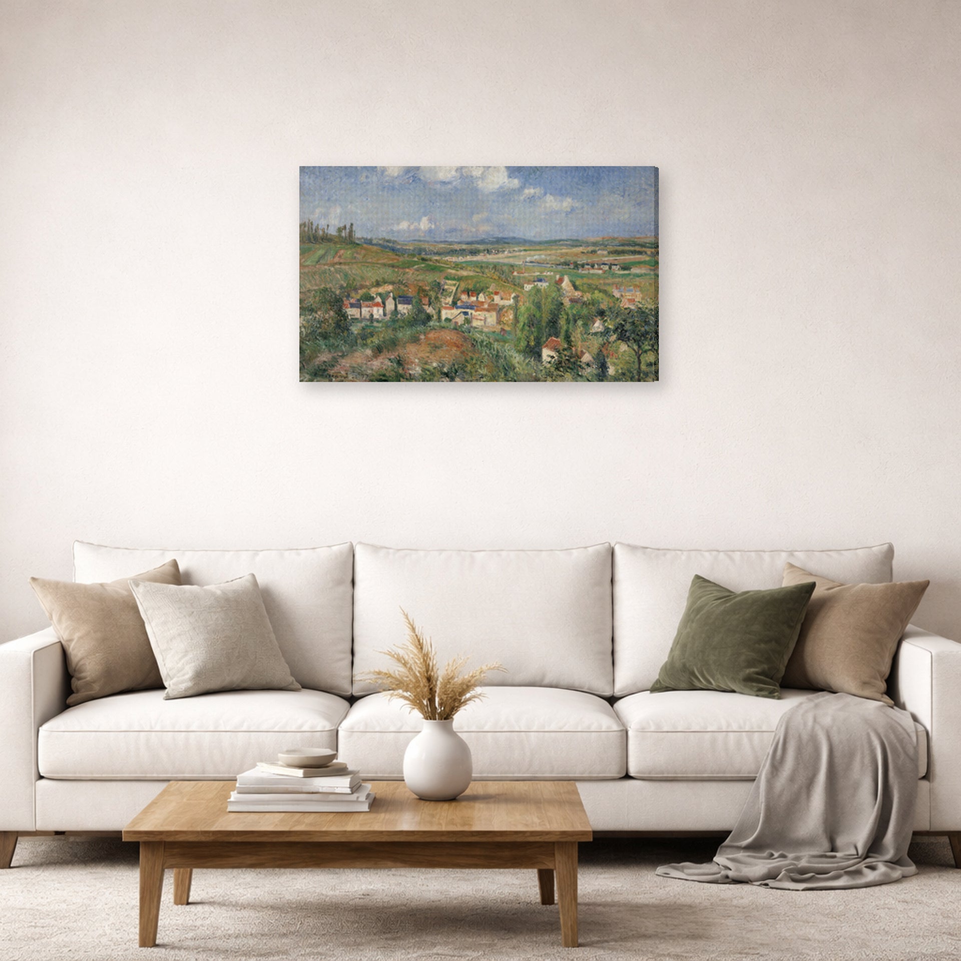 Gallery-wrapped canvas print of Gustave Caillebotte's L'Hermitage in Summer Pontoise displayed on a wall in a living room