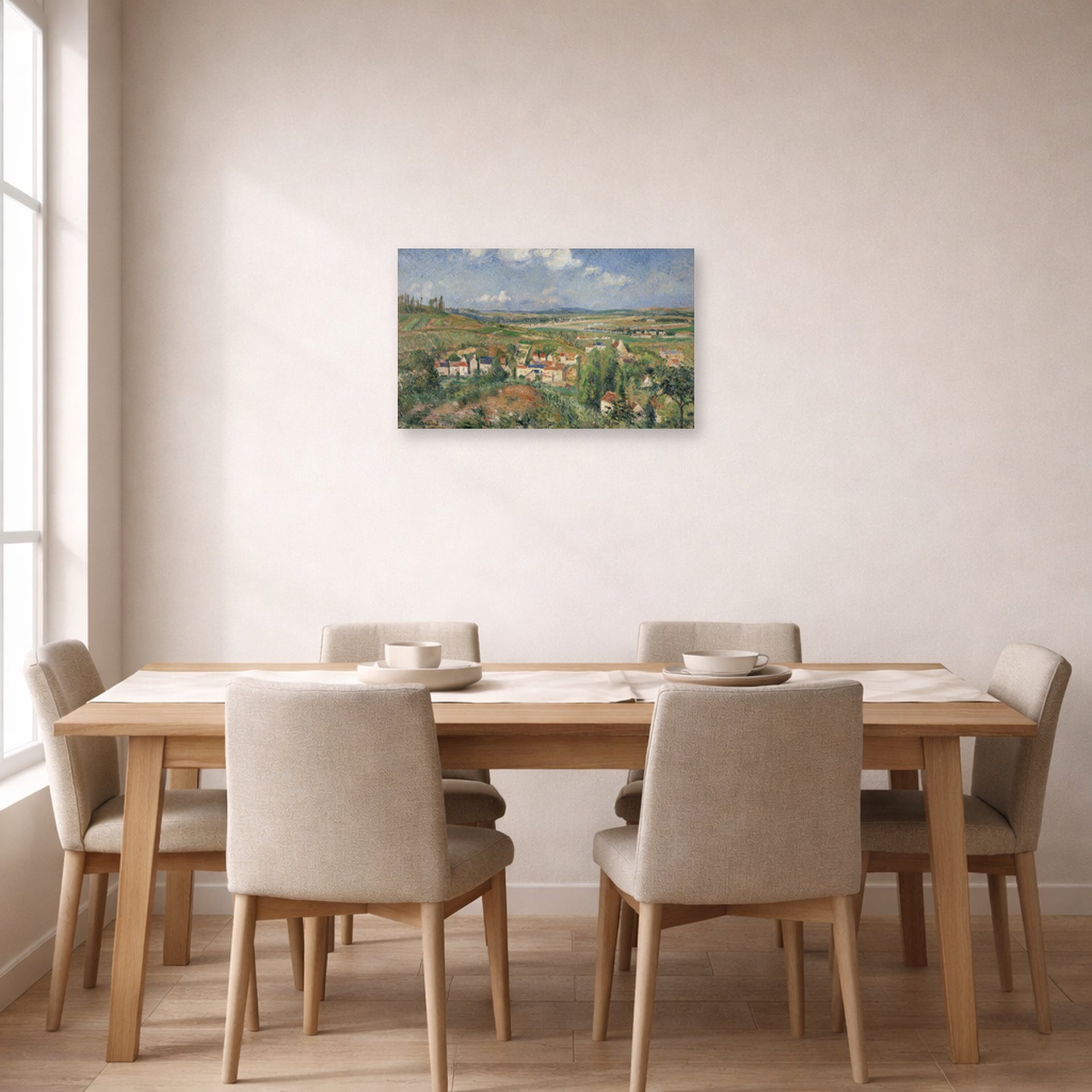 Unframed poster print of Gustave Caillebotte's L'Hermitage in Summer Pontoise displayed on a wall in a dining