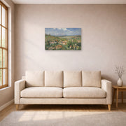 Unframed poster print of Gustave Caillebotte's L'Hermitage in Summer Pontoise displayed on a wall in a living room