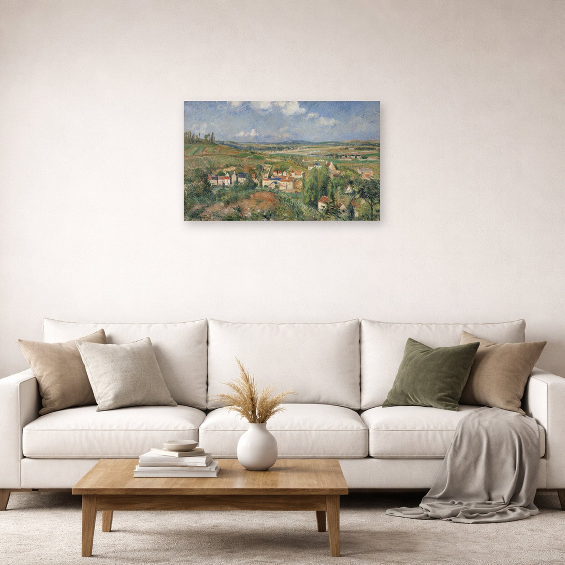 Unframed poster print of Gustave Caillebotte's L'Hermitage in Summer Pontoise displayed on a wall in a living room