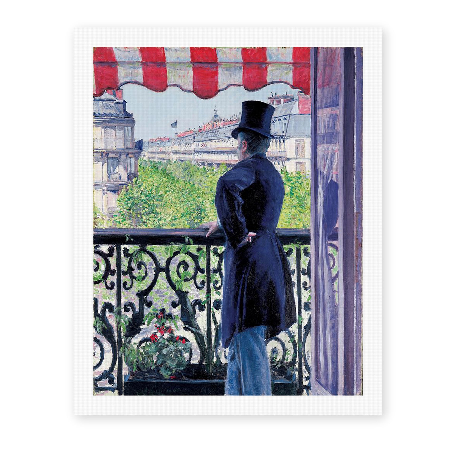 Gustave Caillebotte's 'L'homme au balcon, Boulevard Haussmann' painting reproduced as a rolled canvas print