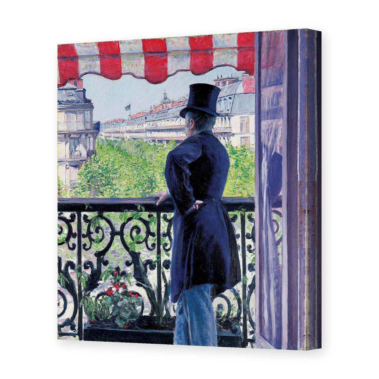 Gustave Caillebotte's 'L'homme au balcon, Boulevard Haussmann' painting reproduced as a gallery-wrapped canvas print
