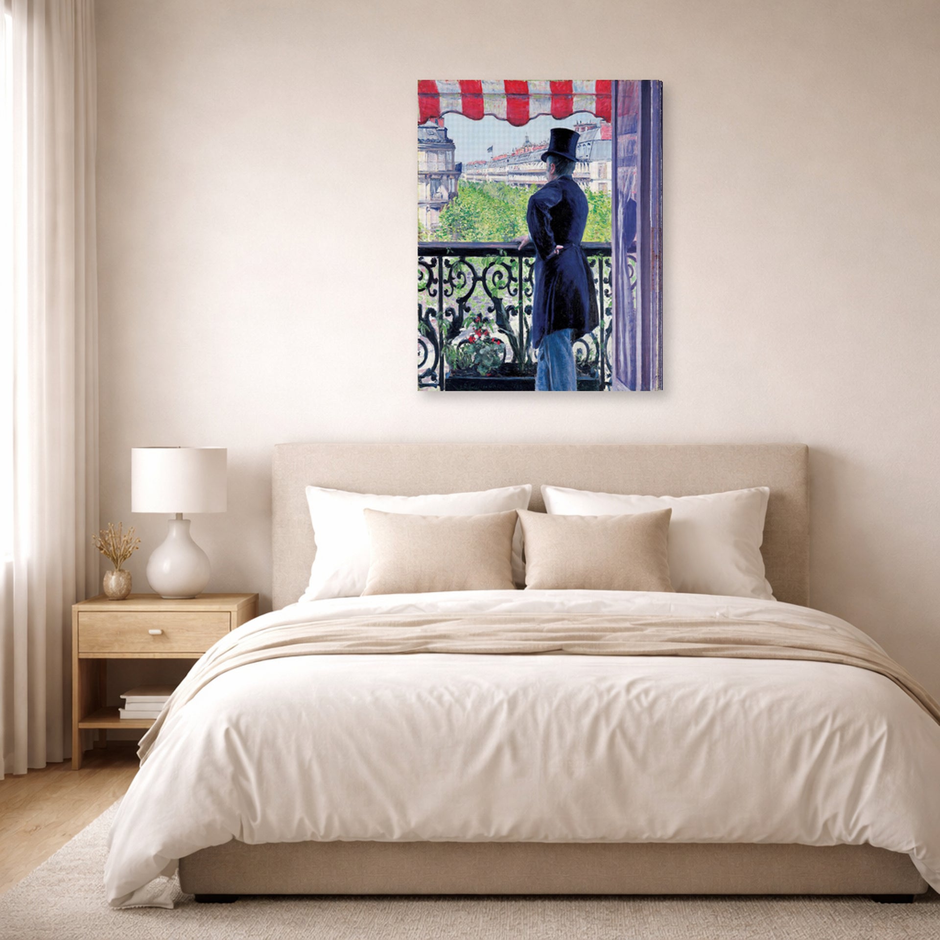 Gallery-wrapped canvas print of Gustave Caillebotte's L'homme au balcon, Boulevard Haussmann displayed on a wall in a bedroom
