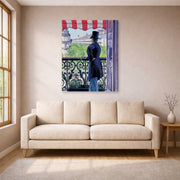 Gallery-wrapped canvas print of Gustave Caillebotte's L'homme au balcon, Boulevard Haussmann displayed on a wall in a living room