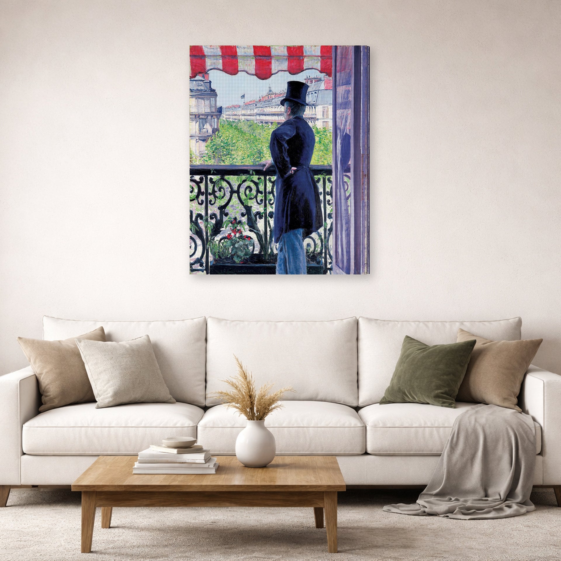 Gallery-wrapped canvas print of Gustave Caillebotte's L'homme au balcon, Boulevard Haussmann displayed on a wall in a living room