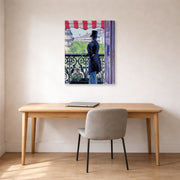 Gallery-wrapped canvas print of Gustave Caillebotte's L'homme au balcon, Boulevard Haussmann displayed on a wall in a office