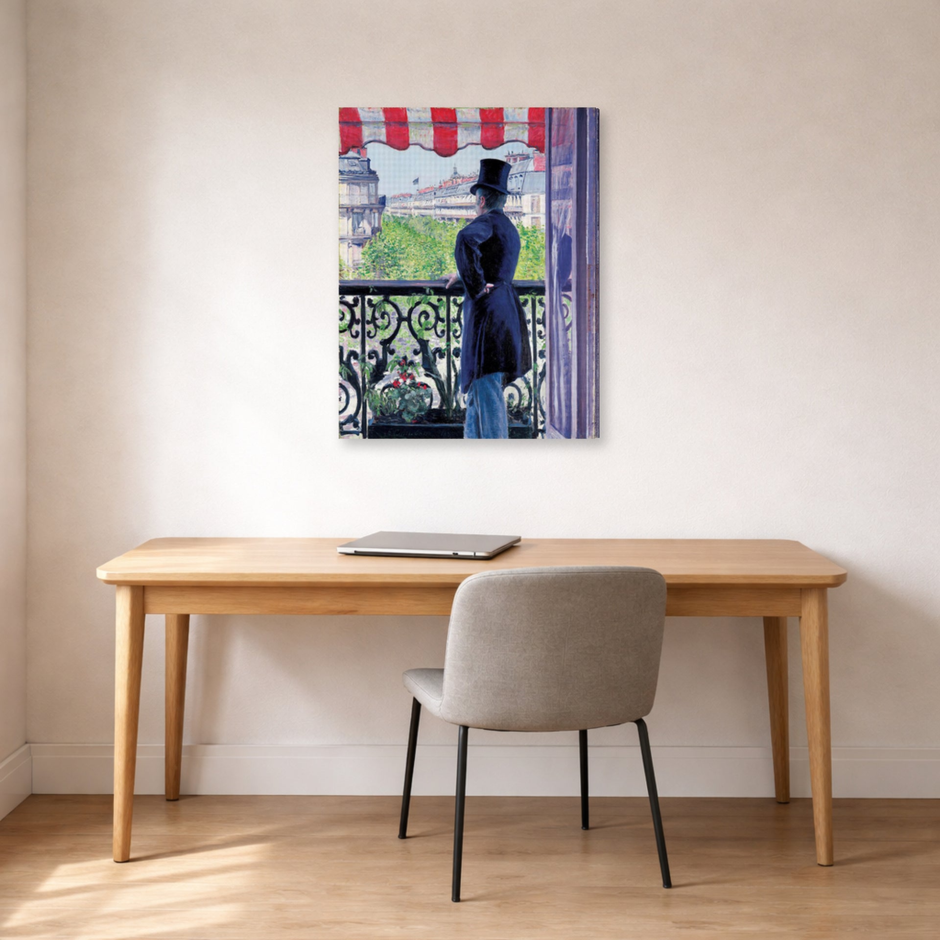 Gallery-wrapped canvas print of Gustave Caillebotte's L'homme au balcon, Boulevard Haussmann displayed on a wall in a office