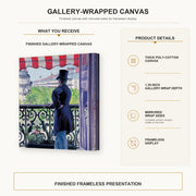 Gustave Caillebotte - L'homme au balcon, Boulevard Haussmann gallery wrap canvas construction and hanging details infographic