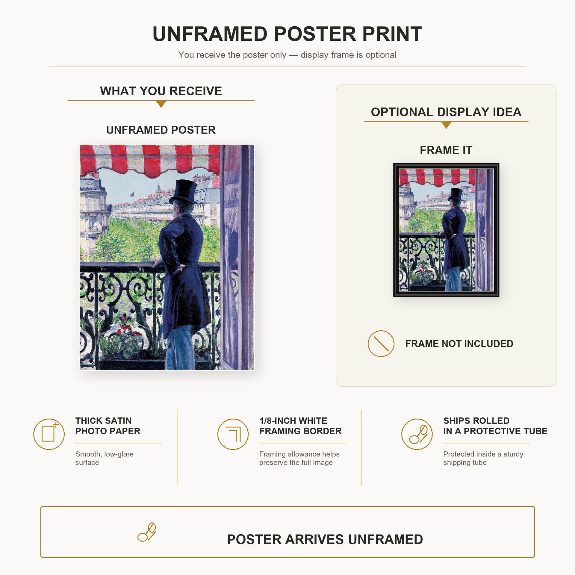 Gustave Caillebotte - L'homme au balcon, Boulevard Haussmann poster print size comparison and framing display infographic
