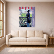 Unframed poster print of Gustave Caillebotte's L'homme au balcon, Boulevard Haussmann displayed on a wall in a living room