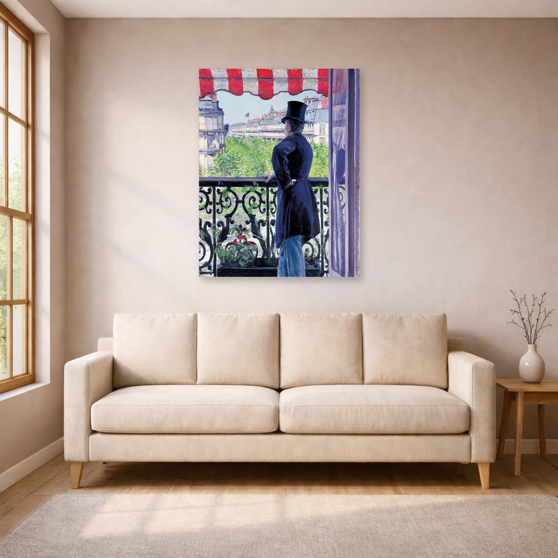 Unframed poster print of Gustave Caillebotte's L'homme au balcon, Boulevard Haussmann displayed on a wall in a living room