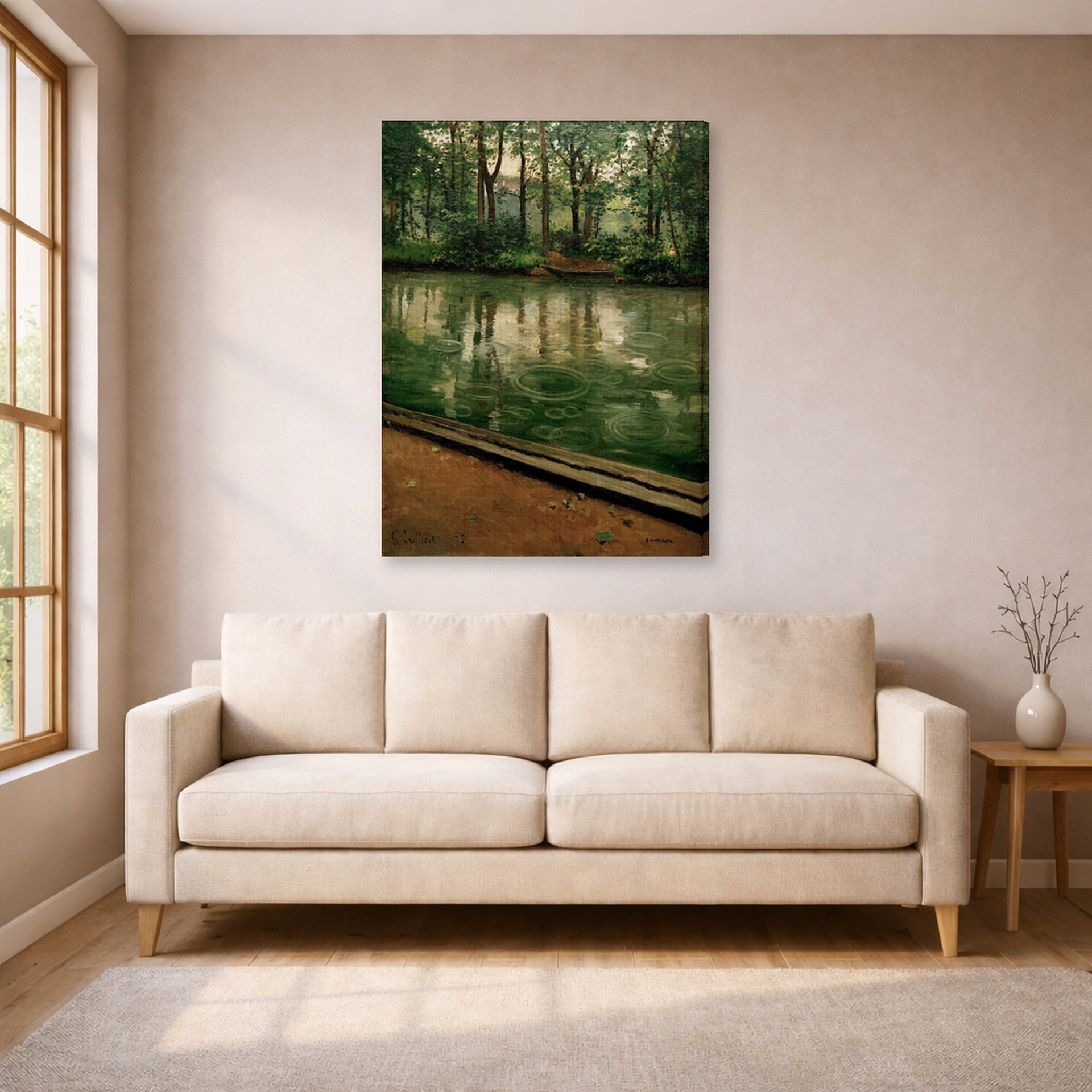 Gallery-wrapped canvas print of Gustave Caillebotte's L'Yerres, pluie displayed on a wall in a living room