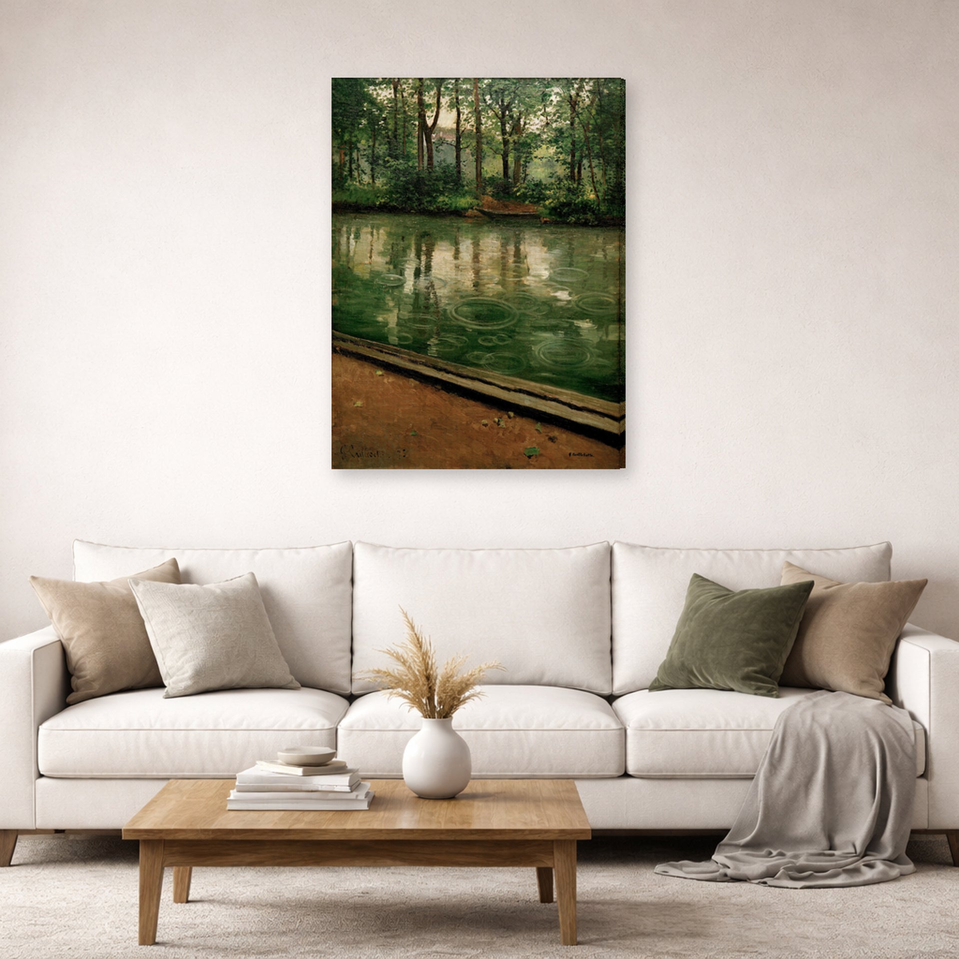 Gallery-wrapped canvas print of Gustave Caillebotte's L'Yerres, pluie displayed on a wall in a living room