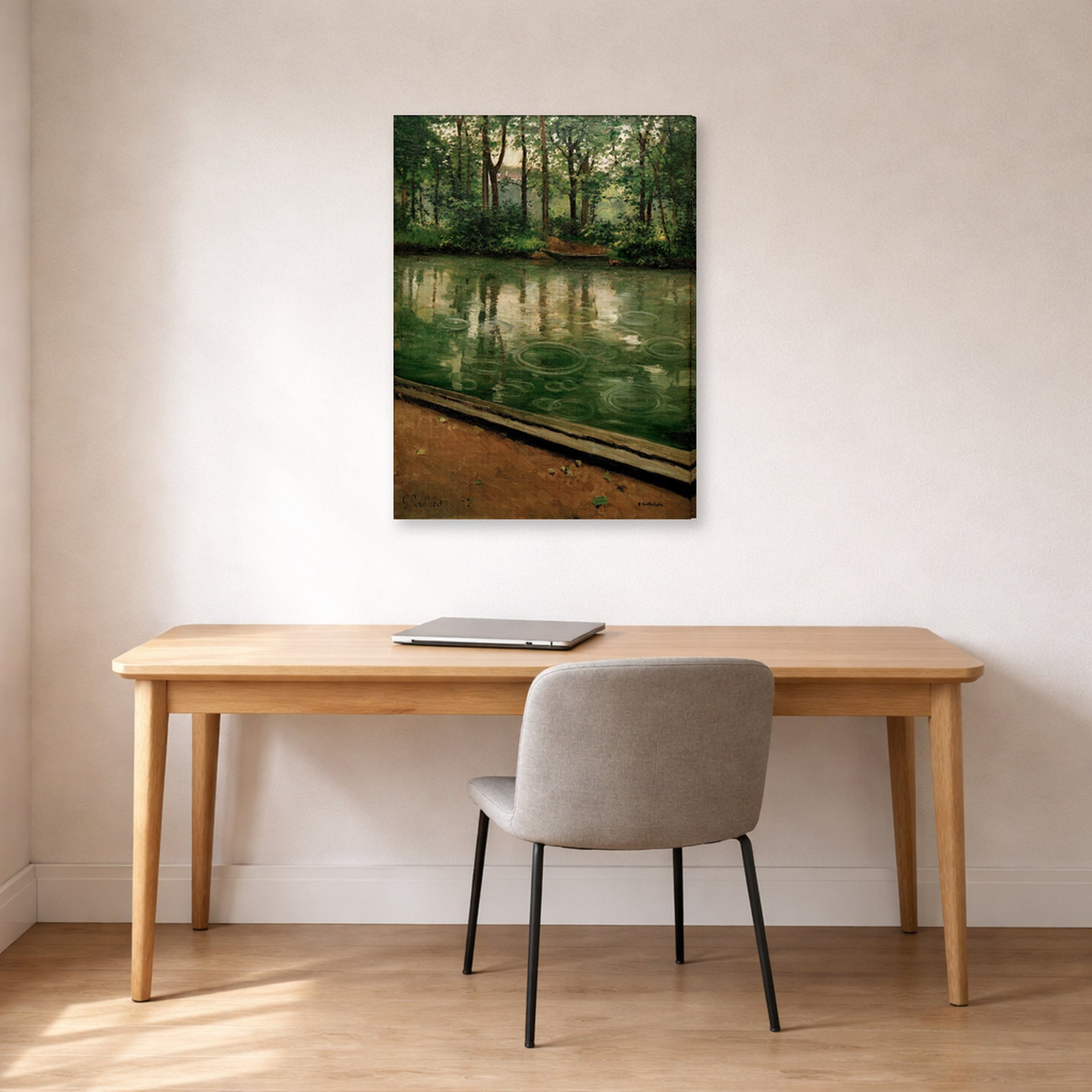 Gallery-wrapped canvas print of Gustave Caillebotte's L'Yerres, pluie displayed on a wall in a office