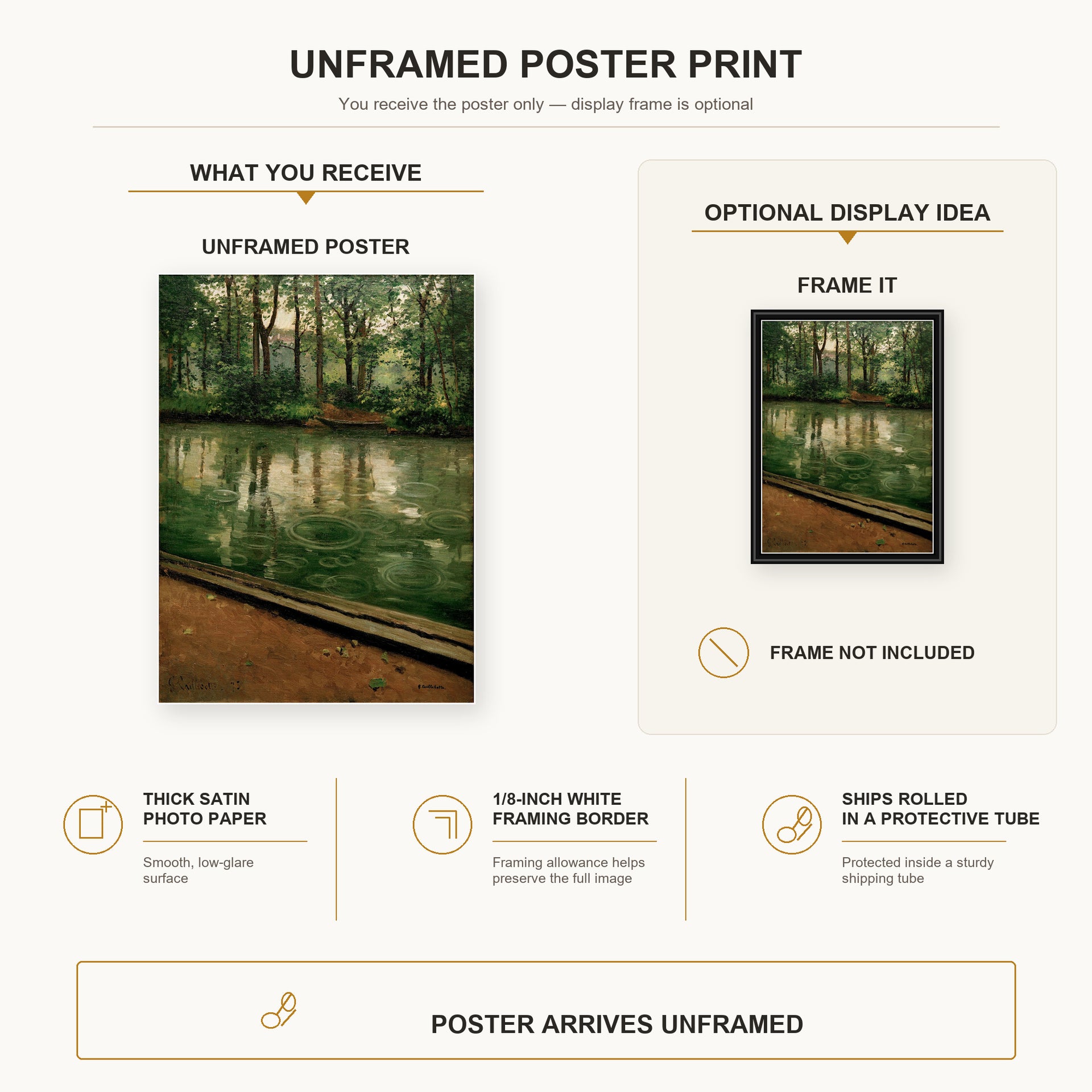 Gustave Caillebotte - L'Yerres, pluie poster print size comparison and framing display infographic