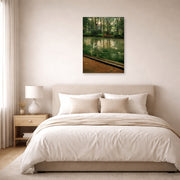 Unframed poster print of Gustave Caillebotte's L'Yerres, pluie displayed on a wall in a bedroom