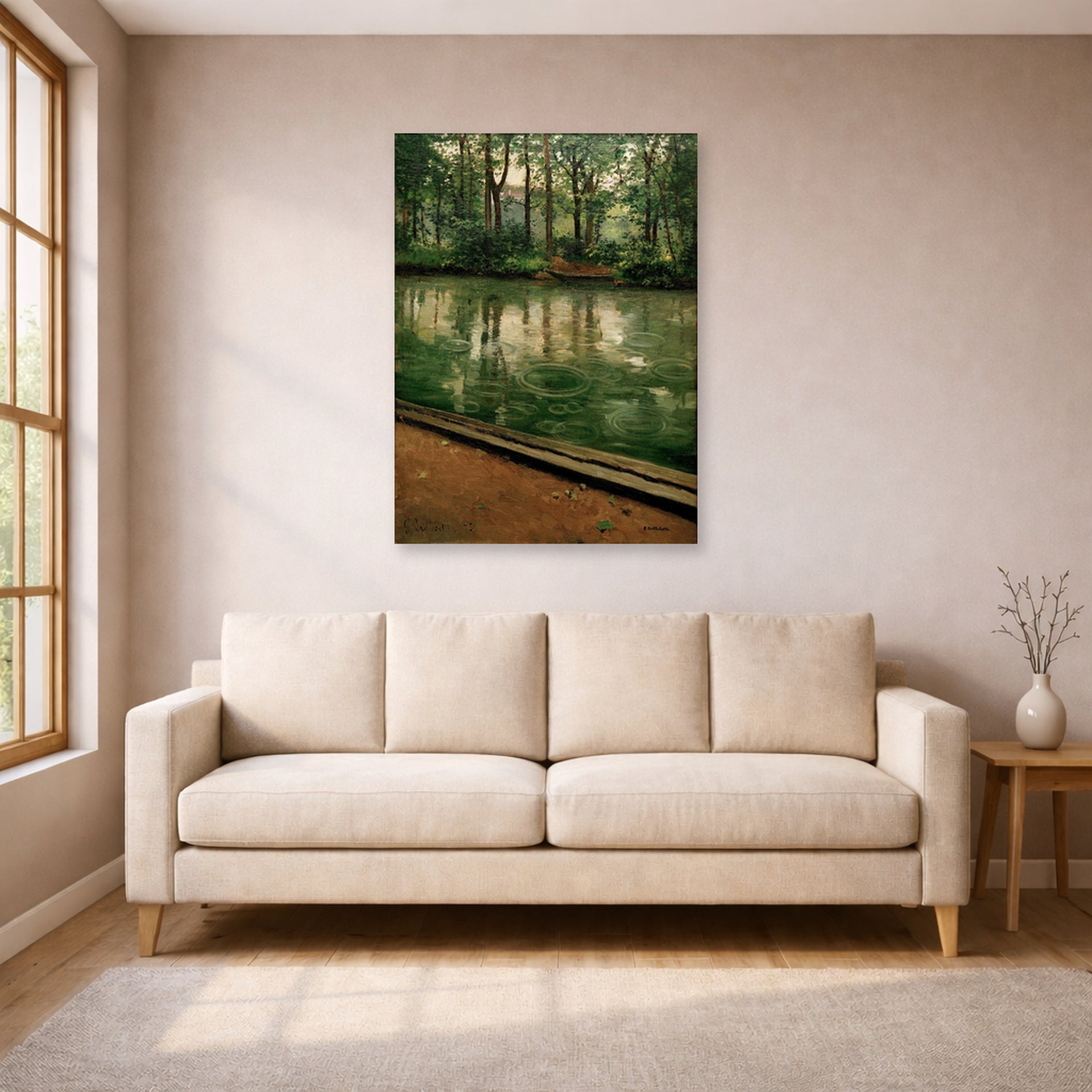 Unframed poster print of Gustave Caillebotte's L'Yerres, pluie displayed on a wall in a living room