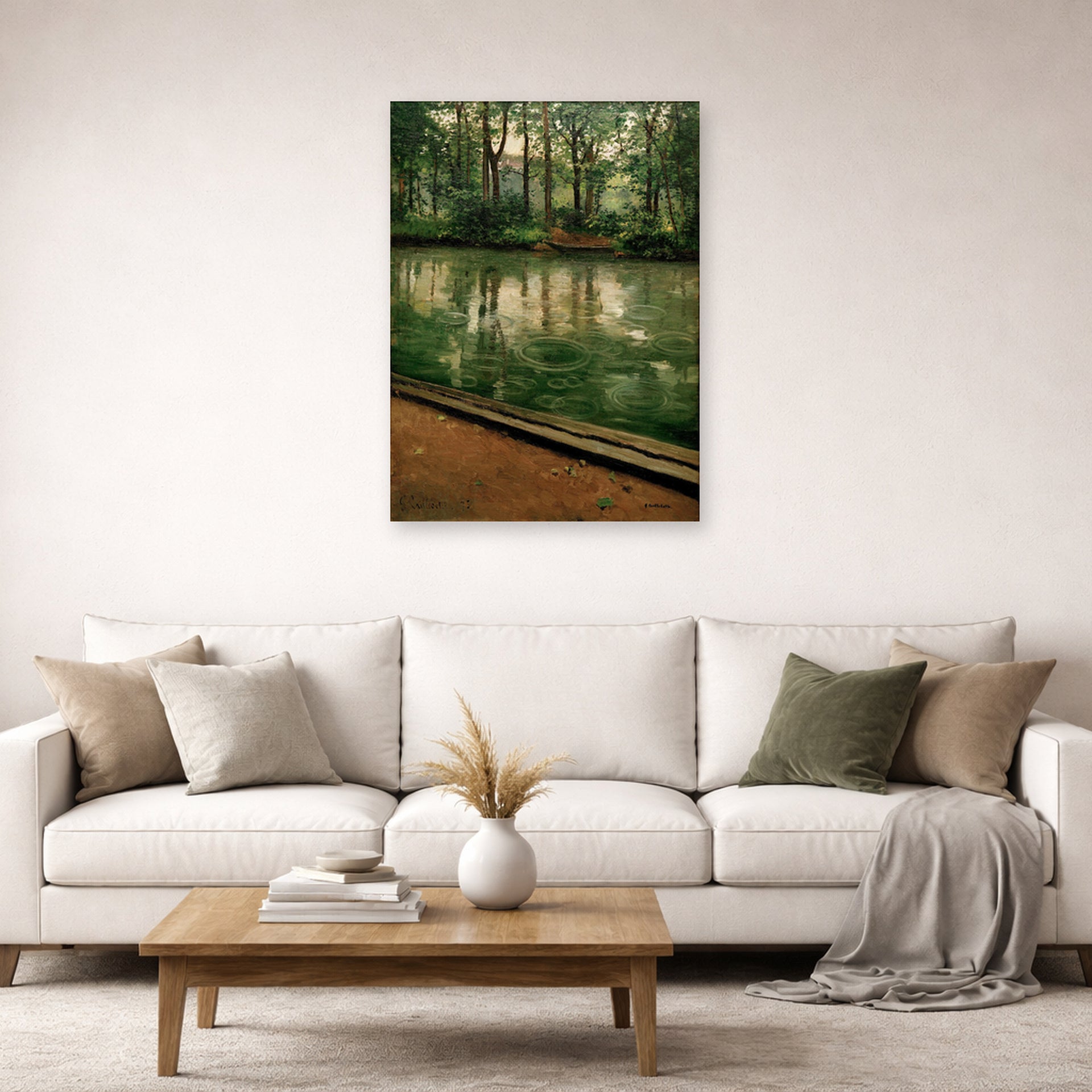 Unframed poster print of Gustave Caillebotte's L'Yerres, pluie displayed on a wall in a living room