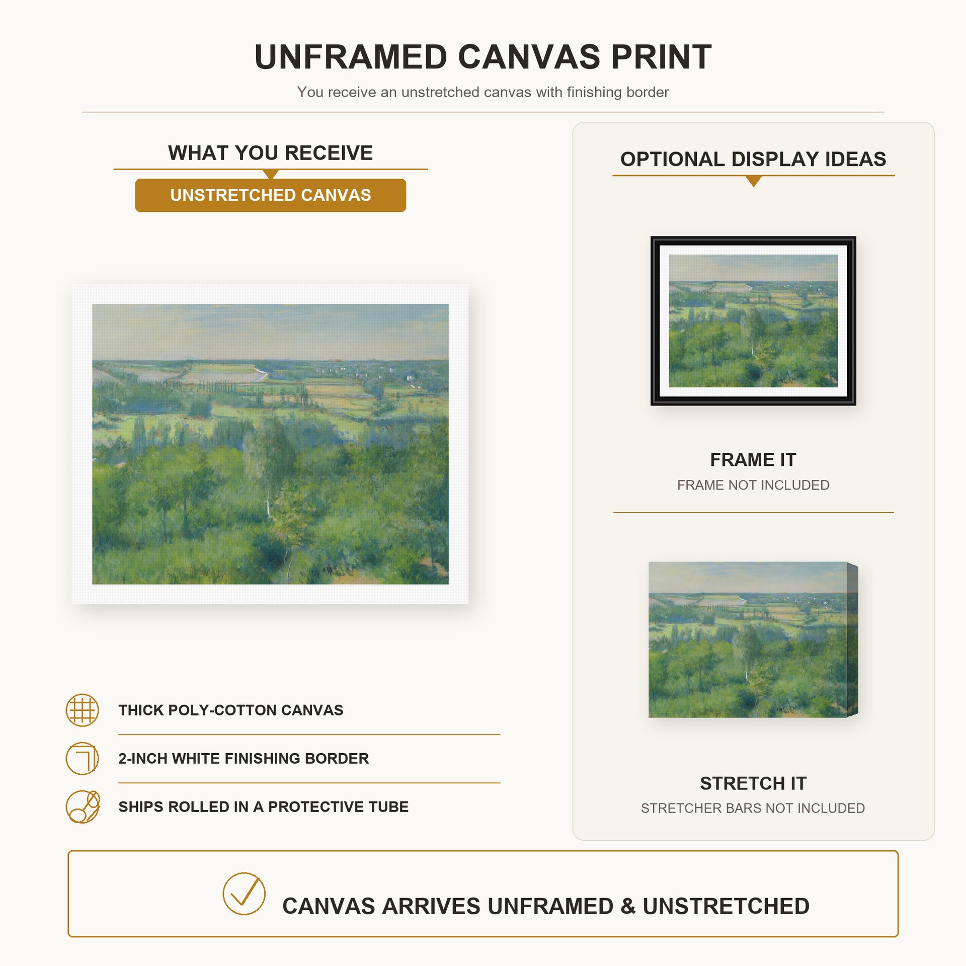 Gustave Caillebotte - La Vallée De L'yerres canvas print size comparison and framing display infographic