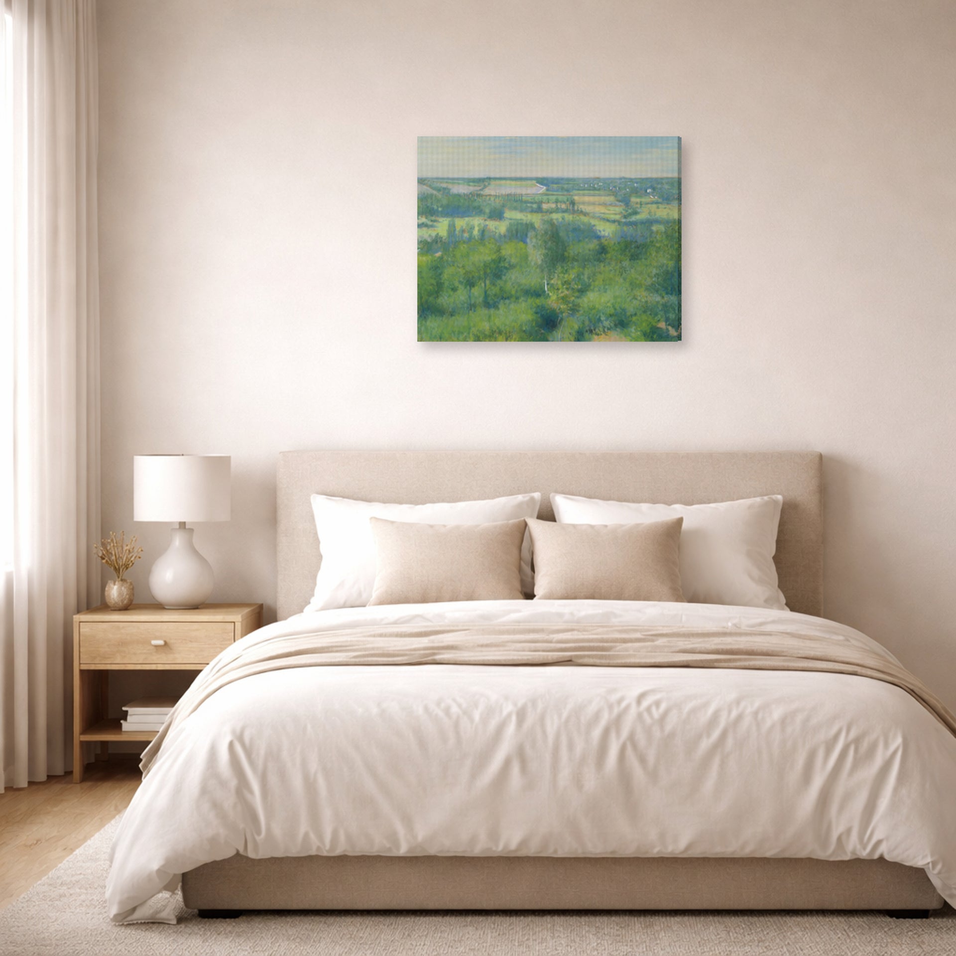 Gallery-wrapped canvas print of Gustave Caillebotte's La Vallée De L'yerres displayed on a wall in a bedroom