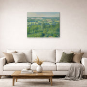 Gallery-wrapped canvas print of Gustave Caillebotte's La Vallée De L'yerres displayed on a wall in a living room