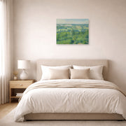 Unframed poster print of Gustave Caillebotte's La Vallée De L'yerres displayed on a wall in a bedroom