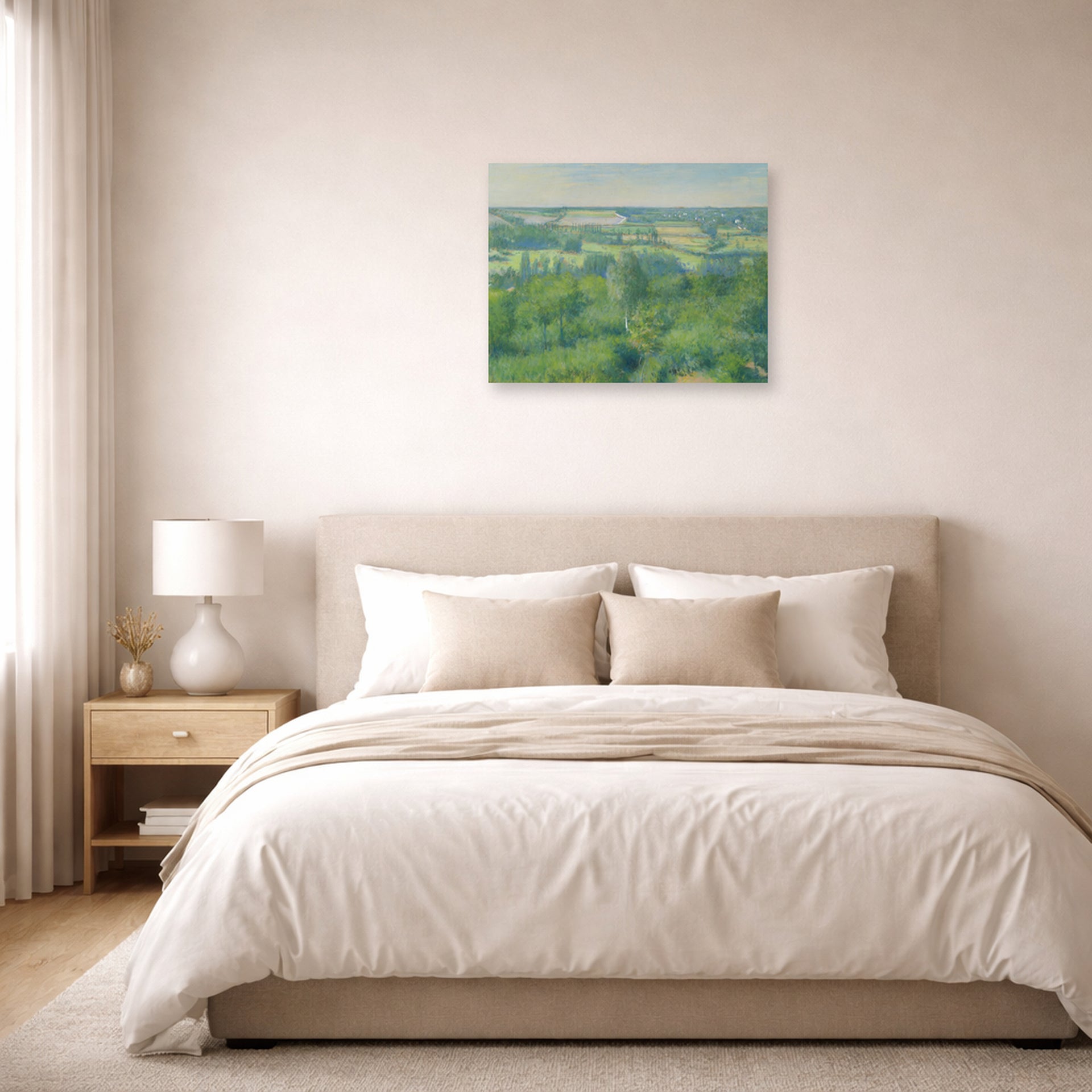 Unframed poster print of Gustave Caillebotte's La Vallée De L'yerres displayed on a wall in a bedroom