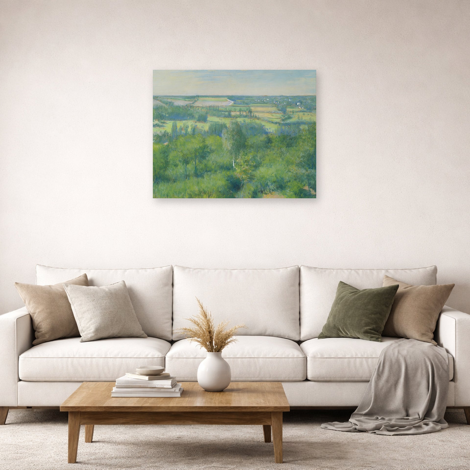Unframed poster print of Gustave Caillebotte's La Vallée De L'yerres displayed on a wall in a living room