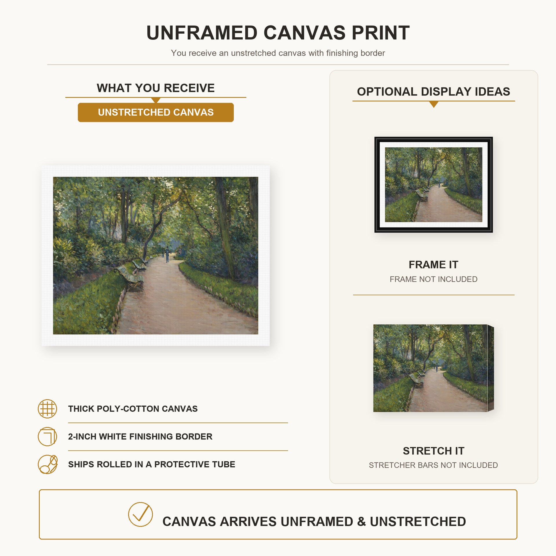 Gustave Caillebotte - Le Parc Monceau canvas print size comparison and framing display infographic