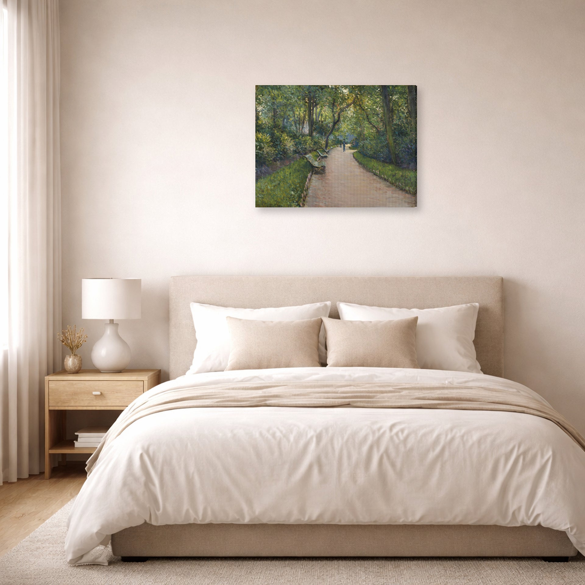 Gallery-wrapped canvas print of Gustave Caillebotte's Le Parc Monceau displayed on a wall in a bedroom