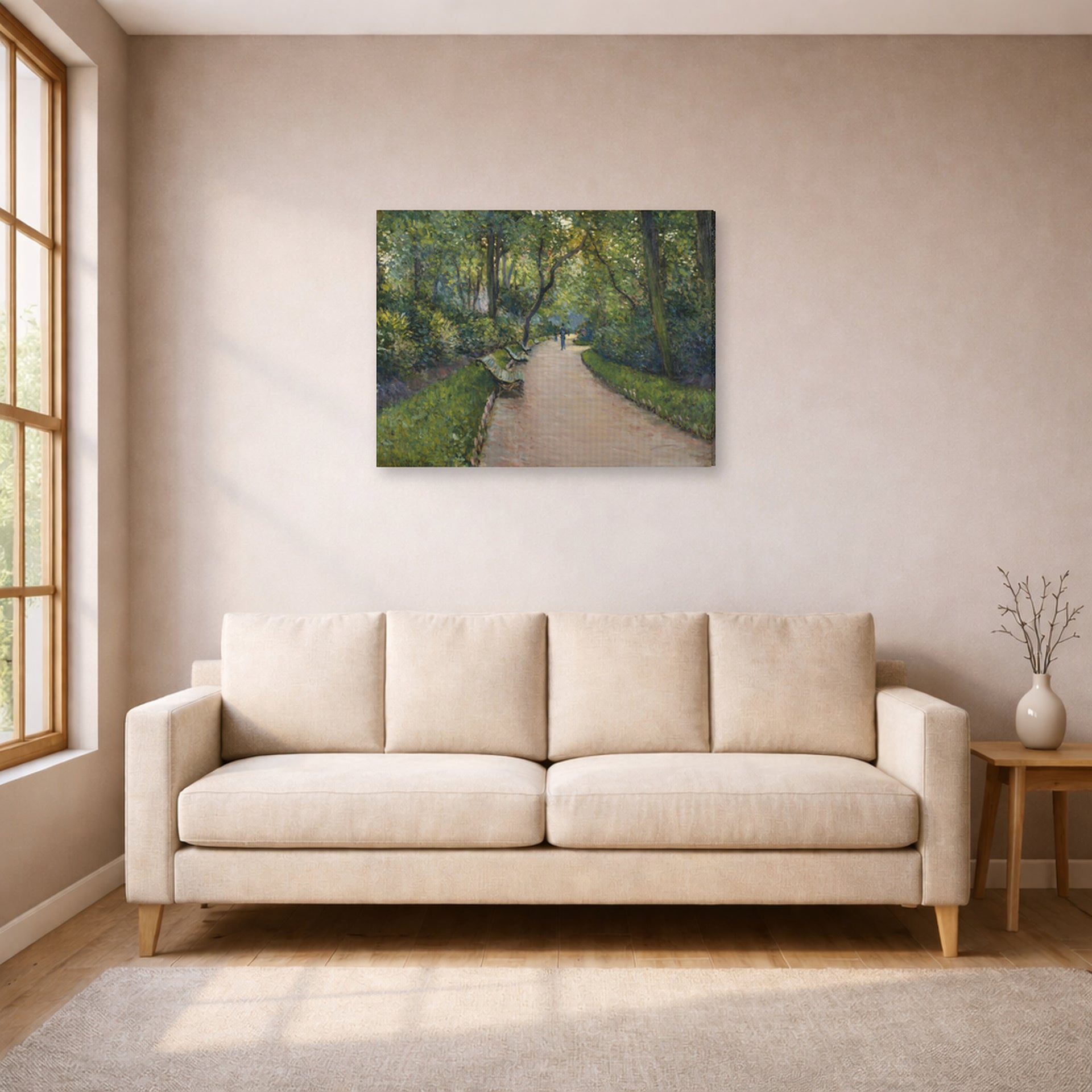 Gallery-wrapped canvas print of Gustave Caillebotte's Le Parc Monceau displayed on a wall in a living room