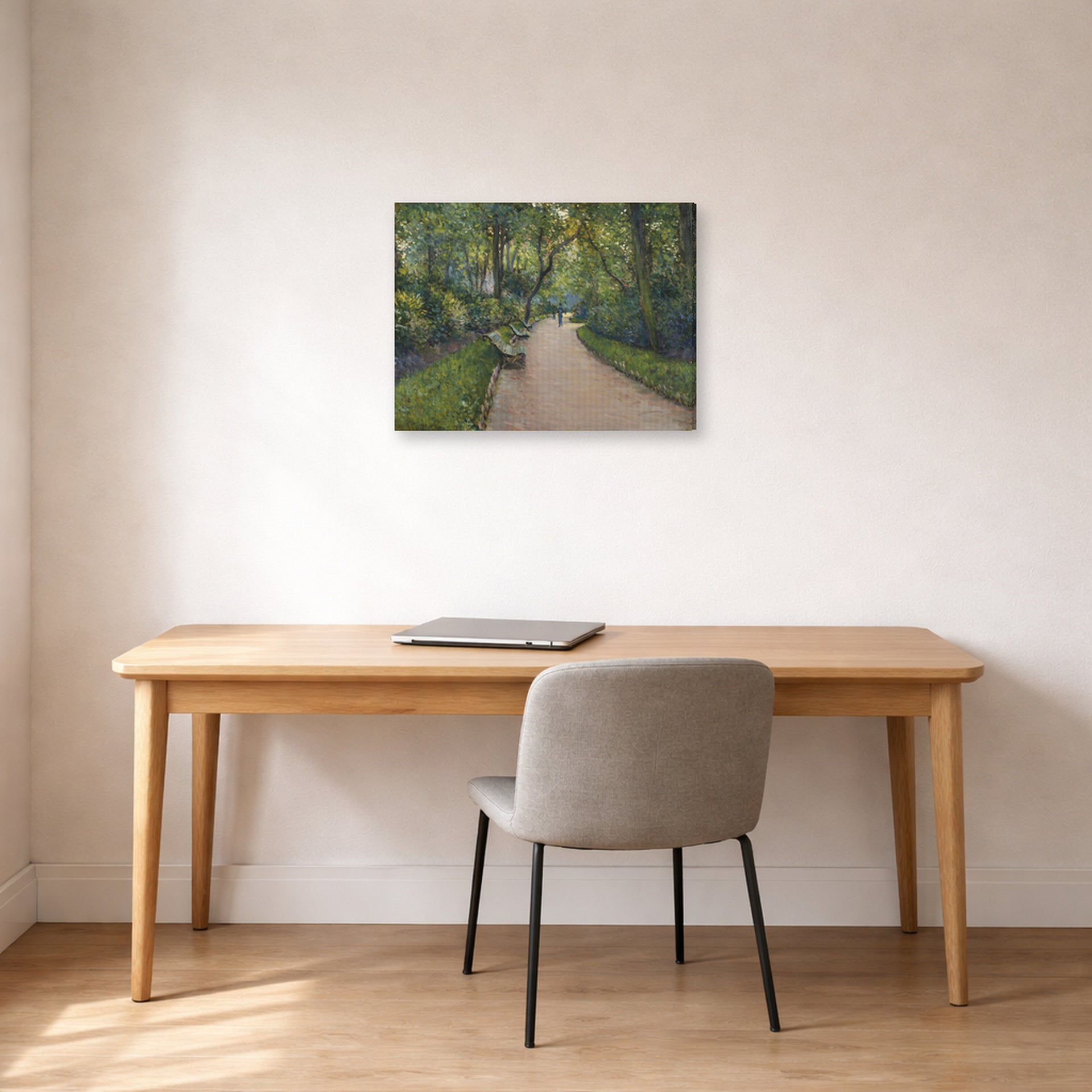 Gallery-wrapped canvas print of Gustave Caillebotte's Le Parc Monceau displayed on a wall in a office