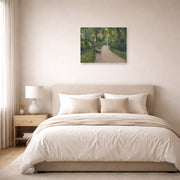 Unframed poster print of Gustave Caillebotte's Le Parc Monceau displayed on a wall in a bedroom