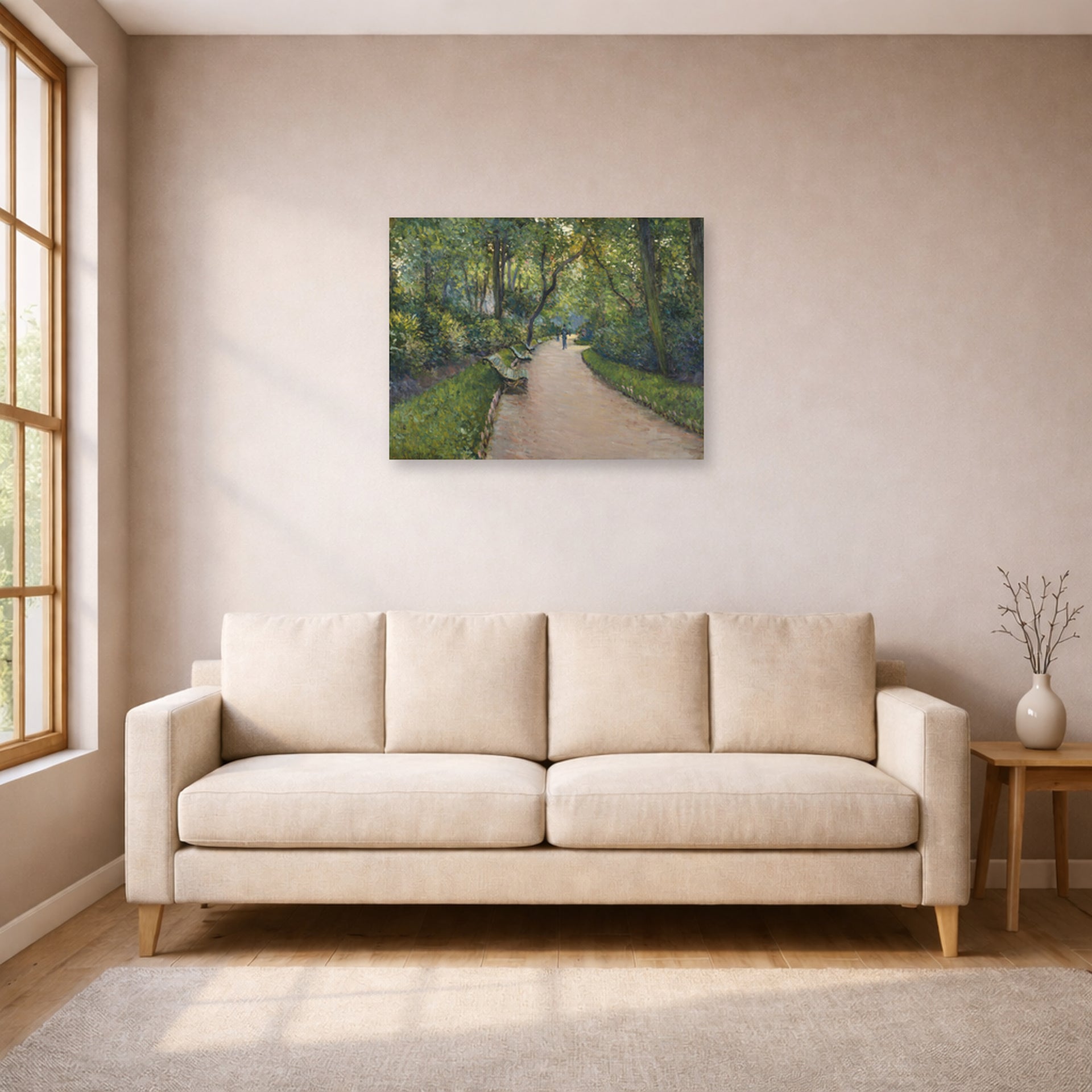 Unframed poster print of Gustave Caillebotte's Le Parc Monceau displayed on a wall in a living room