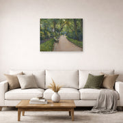 Unframed poster print of Gustave Caillebotte's Le Parc Monceau displayed on a wall in a living room