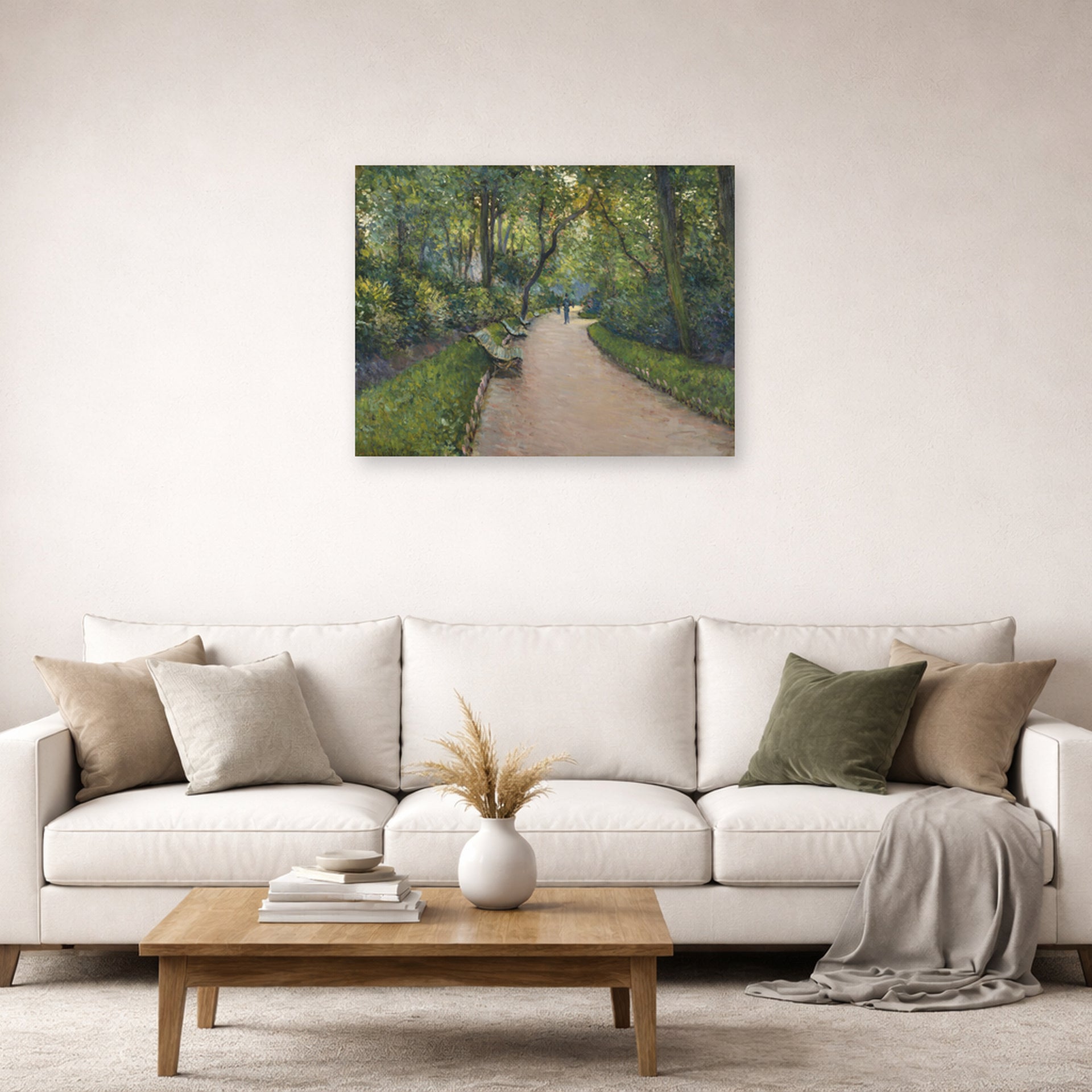 Unframed poster print of Gustave Caillebotte's Le Parc Monceau displayed on a wall in a living room