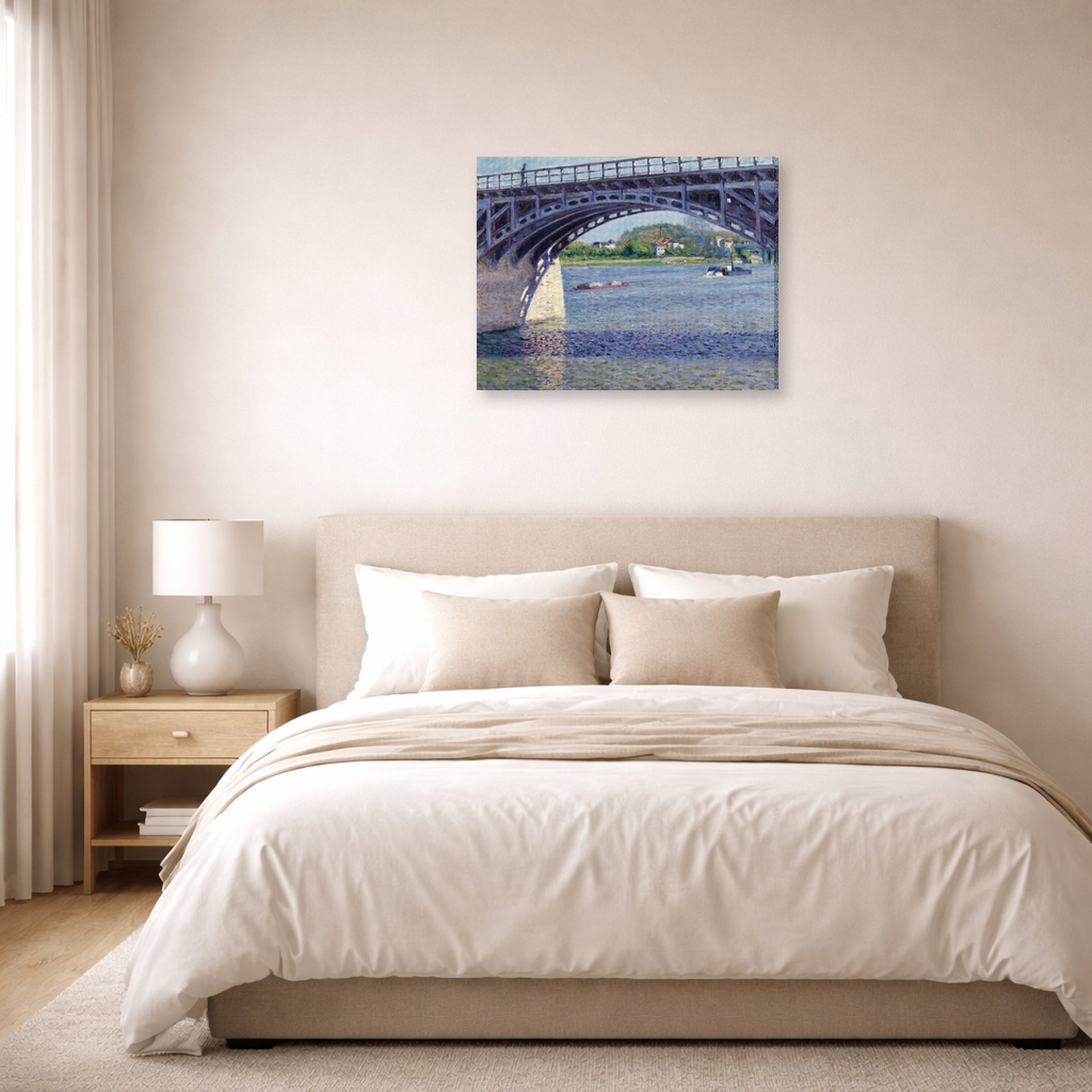 Gallery-wrapped canvas print of Gustave Caillebotte's Le Pont D Argenteuil Et La Seine displayed on a wall in a bedroom