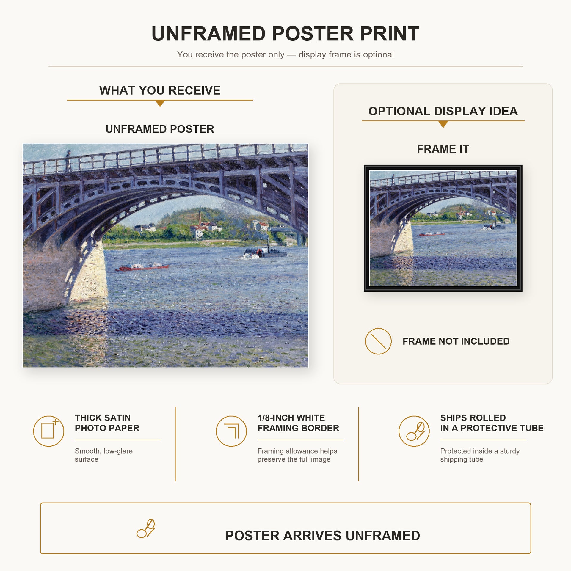Gustave Caillebotte - Le Pont D Argenteuil Et La Seine poster print size comparison and framing display infographic