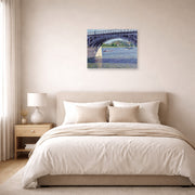 Unframed poster print of Gustave Caillebotte's Le Pont D Argenteuil Et La Seine displayed on a wall in a bedroom