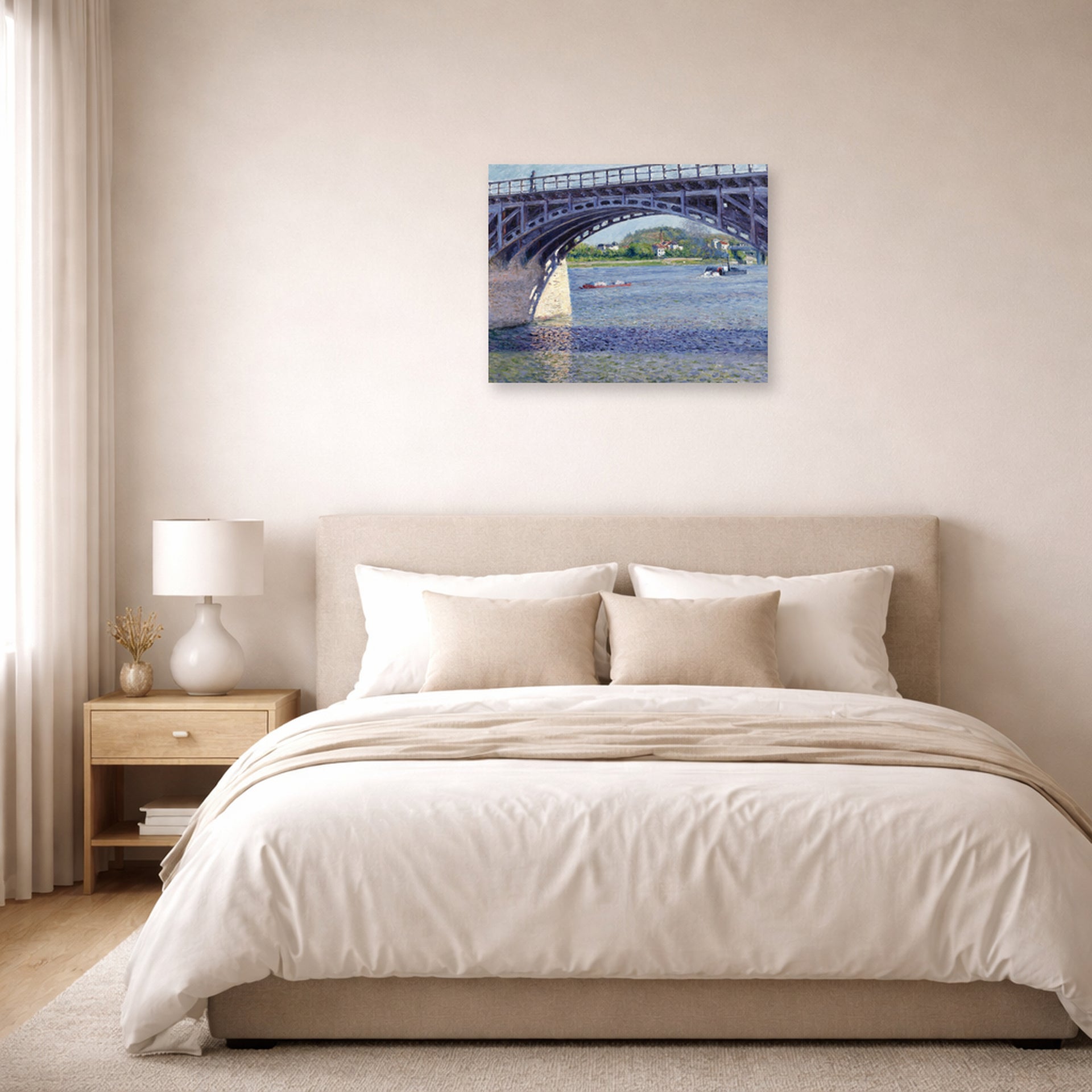 Unframed poster print of Gustave Caillebotte's Le Pont D Argenteuil Et La Seine displayed on a wall in a bedroom