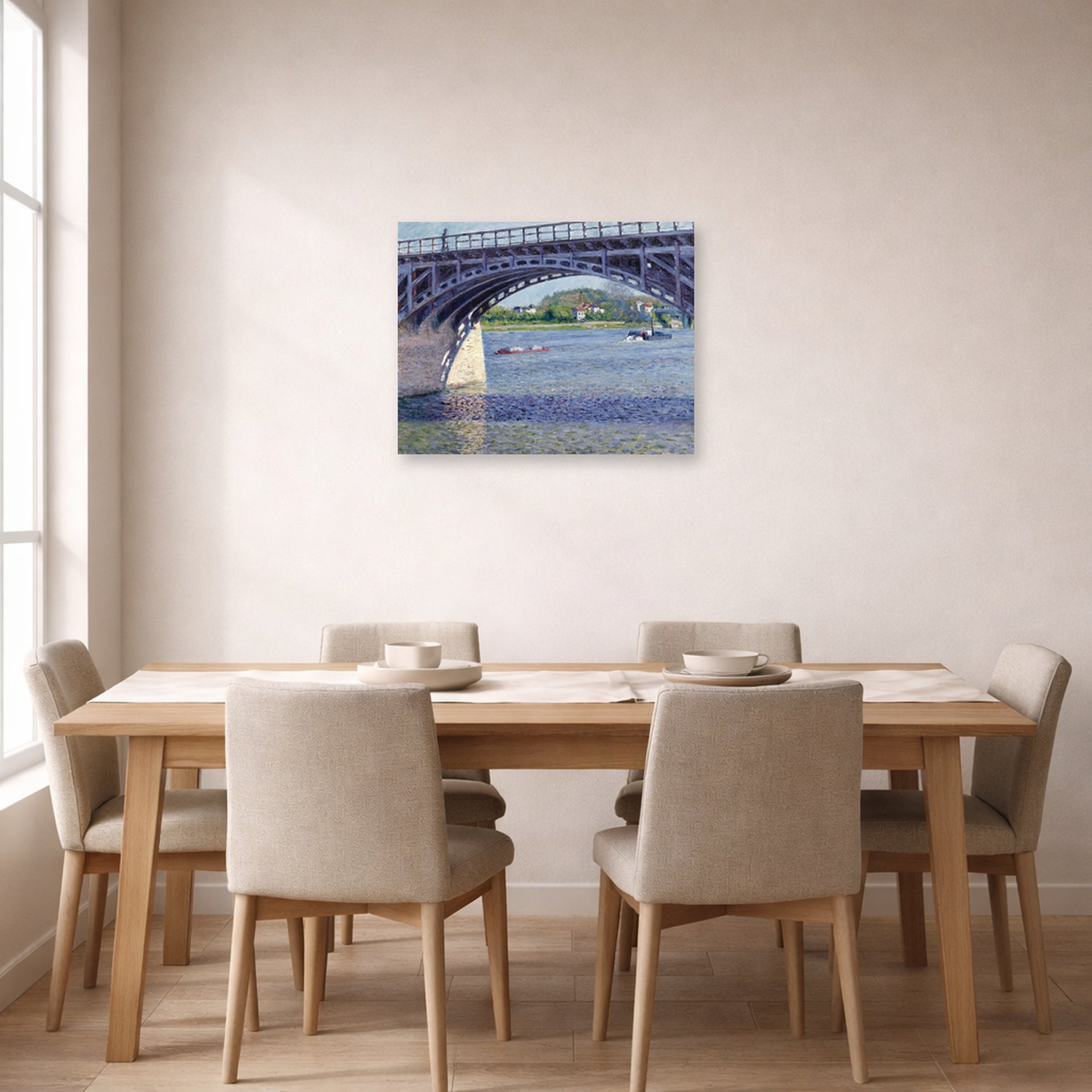 Unframed poster print of Gustave Caillebotte's Le Pont D Argenteuil Et La Seine displayed on a wall in a dining