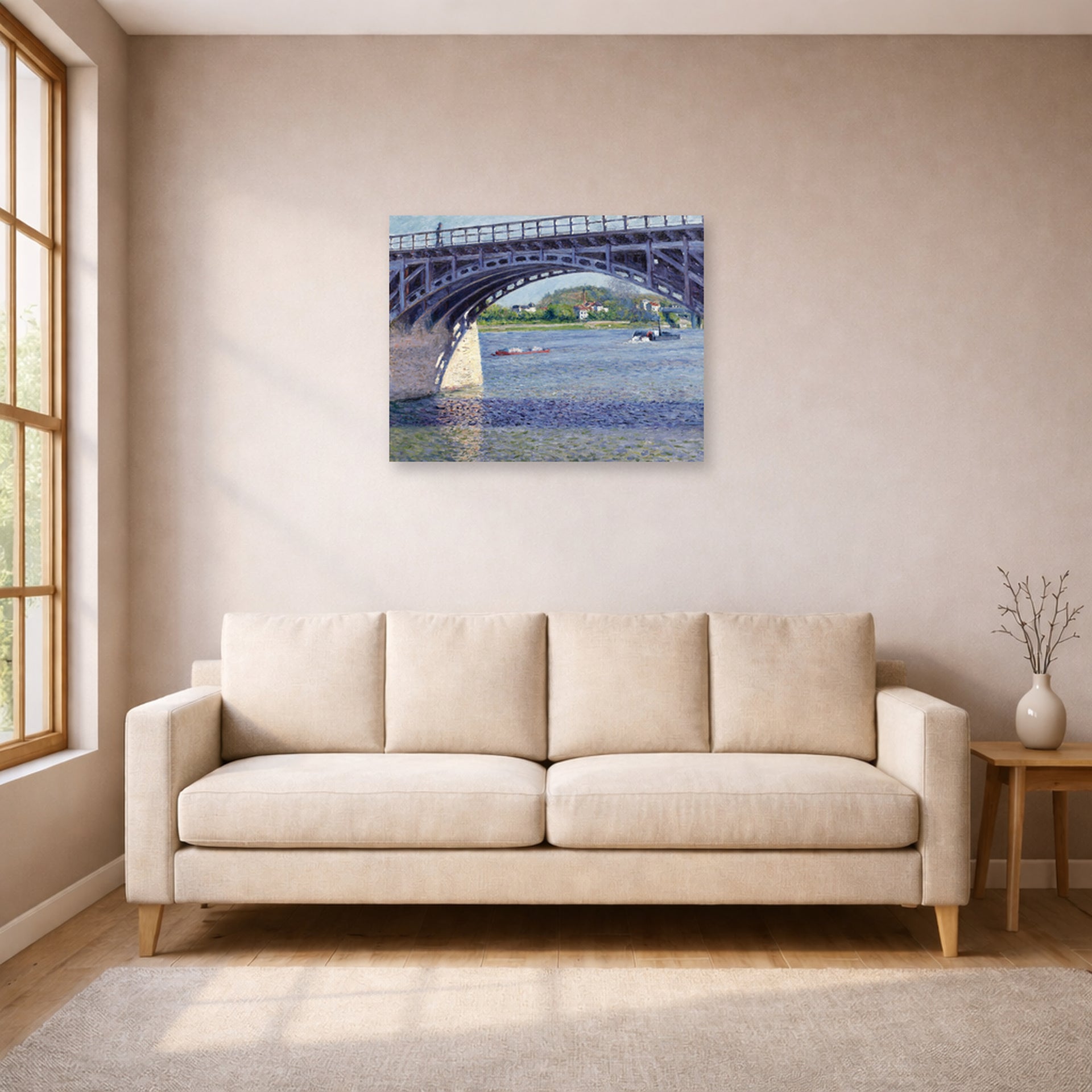 Unframed poster print of Gustave Caillebotte's Le Pont D Argenteuil Et La Seine displayed on a wall in a living room