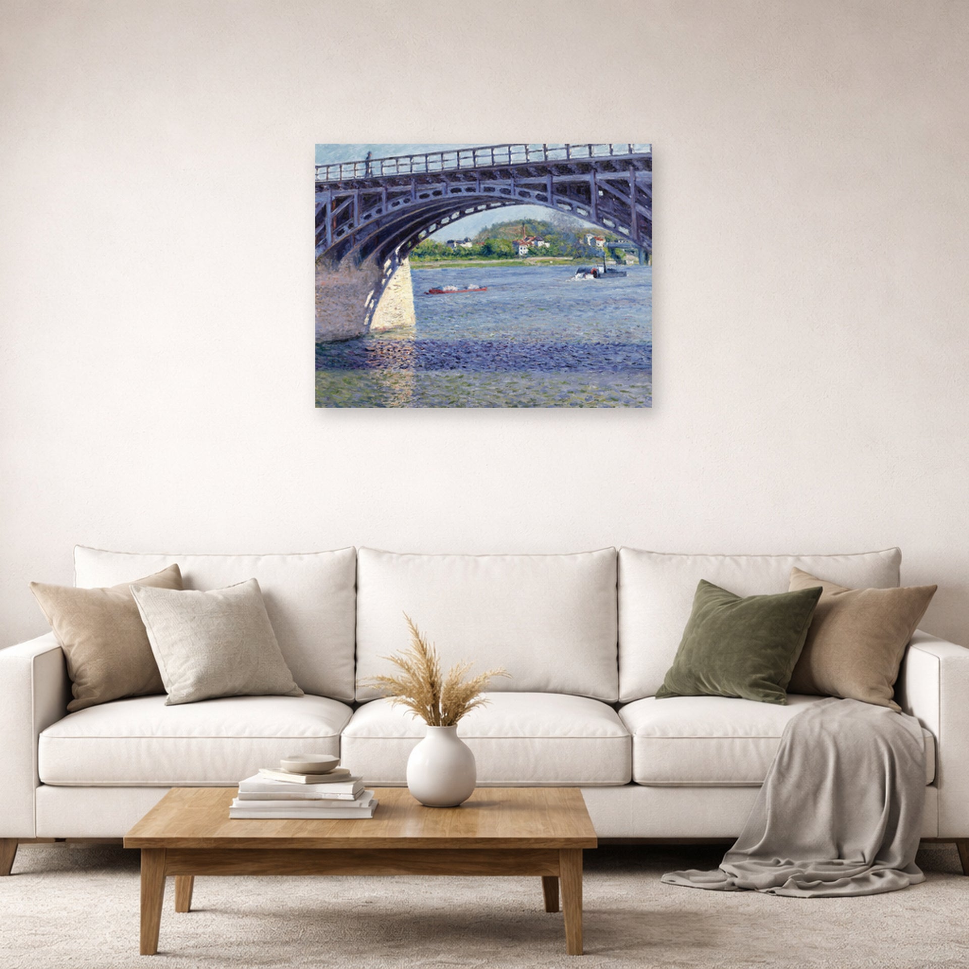 Unframed poster print of Gustave Caillebotte's Le Pont D Argenteuil Et La Seine displayed on a wall in a living room